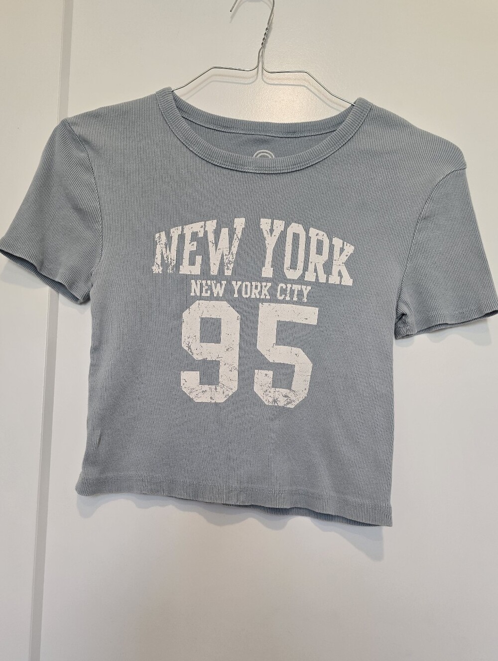 New York NYC Graphic Baby Tee - Light Blue 100% Cotton Ribbed 90s Y2k